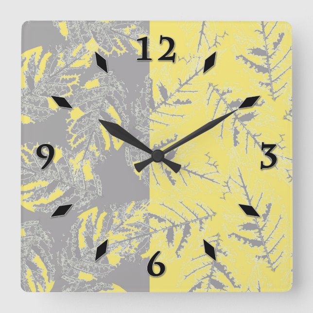 Reloj Cuadrado Gray and yellow leaves on a striped background. (Anverso)