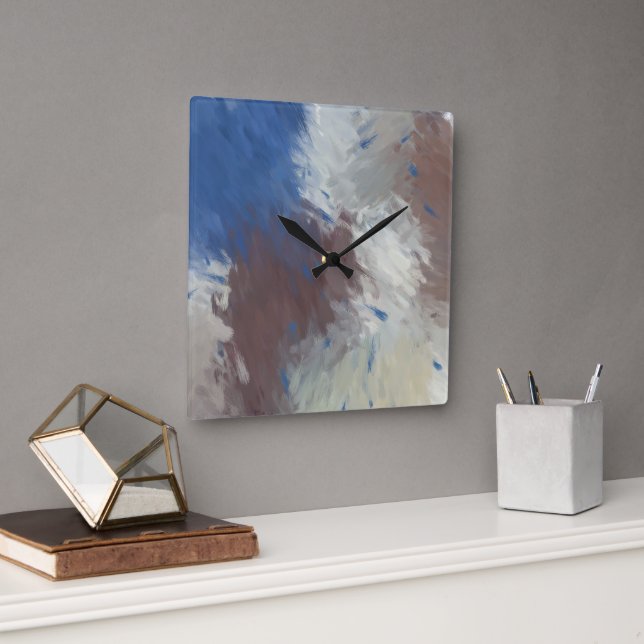 Reloj Cuadrado Gray Blue White Abstract Brushstrokes (Oficina)