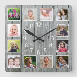 Reloj Cuadrado Gray Wood 12 Family Collage de fotos Beach House