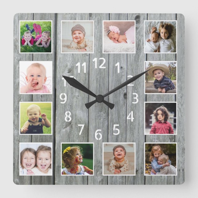 Reloj Cuadrado Gray Wood 12 Family Collage de fotos Beach House (Anverso)