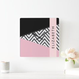 Reloj Cuadrado Gray Zigzag, Gray Chevron, Pink, Tu Nombre