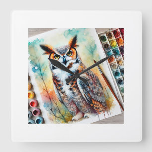Reloj Cuadrado Great Horned Owl 020924AREF107 - Watercolor