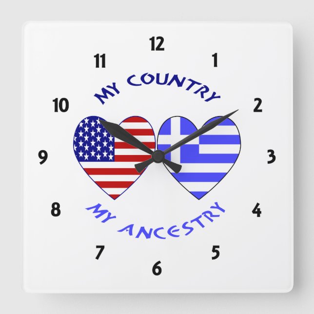 Reloj Cuadrado Greek USA Flags Hearts Country Ancestry (Anverso)