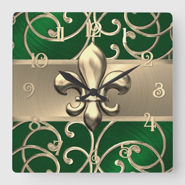 Reloj Cuadrado Green and Gold Filigree Swirls Fleur de Lis (Anverso)