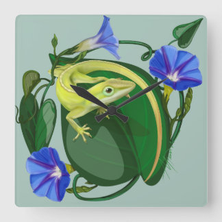 Reloj Cuadrado Green Anole with Morning Glory