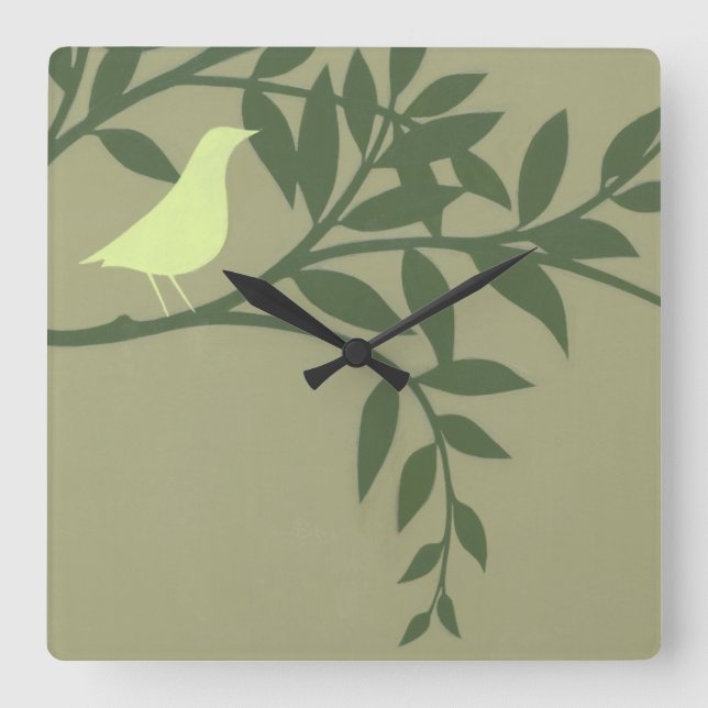 Reloj Cuadrado Green Bird Perched on Green Branch (Anverso)