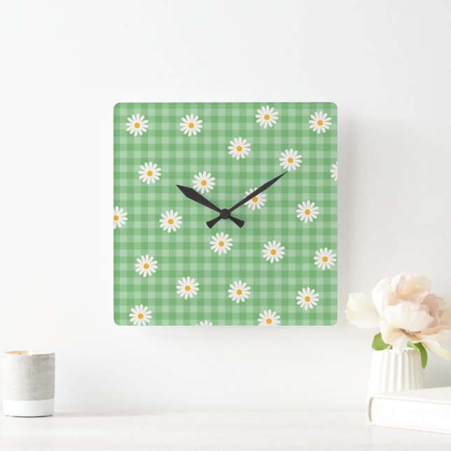 Reloj Cuadrado Green Daisy Plaid Gingham Check Flower Pattern (Hogar)