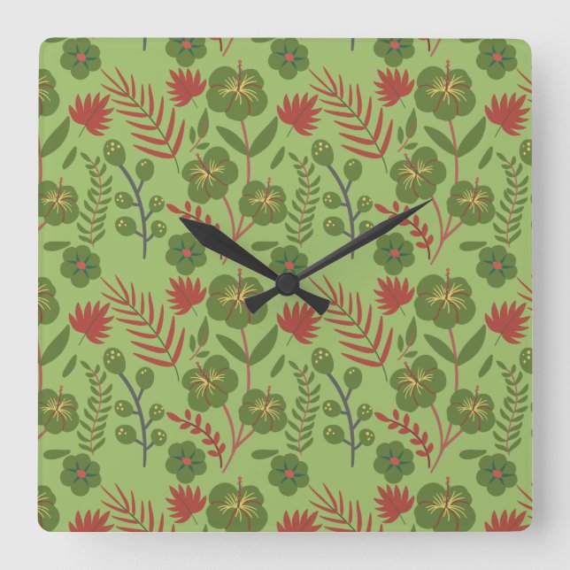 Reloj Cuadrado Green floral seamless pattern flower, branch, leaf (Anverso)