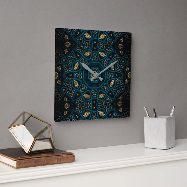 Reloj Cuadrado Green Gold Boho Rosette Mandala (Oficina)