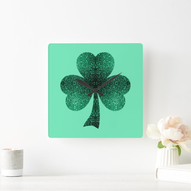 Reloj Cuadrado Green Sparkles Shamrock St. Patrick' Day turquesa (Hogar)