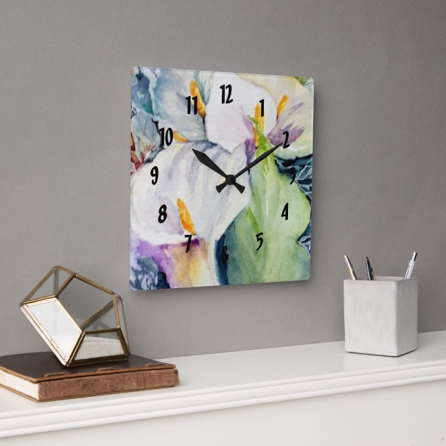 Reloj Cuadrado Greenery Watercolor tres calilas blancas (Subido por el creador)