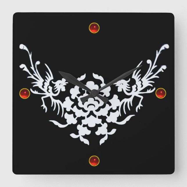Reloj Cuadrado GRIFOS Y FLORES BLANCOS, Lámina de Gema Rojo (Anverso)