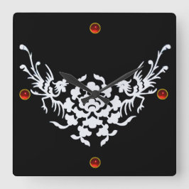 Reloj Cuadrado GRIFOS Y FLORES BLANCOS, Lámina de Gema Rojo