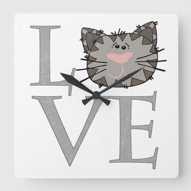 Reloj Cuadrado Gris Cat Face Clock (Anverso)