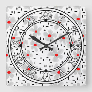 Reloj Cuadrado gris con flores rojas sobre fondo blanco retro
