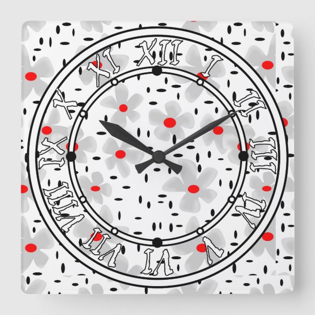Reloj Cuadrado gris con flores rojas sobre fondo blanco retro (Anverso)