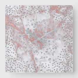 Reloj Cuadrado Gris plateado Confetti Diamantes Cristales Mármol 
