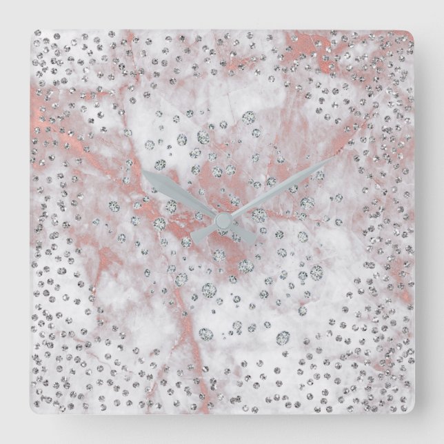 Reloj Cuadrado Gris plateado Confetti Diamantes Cristales Mármol  (Anverso)