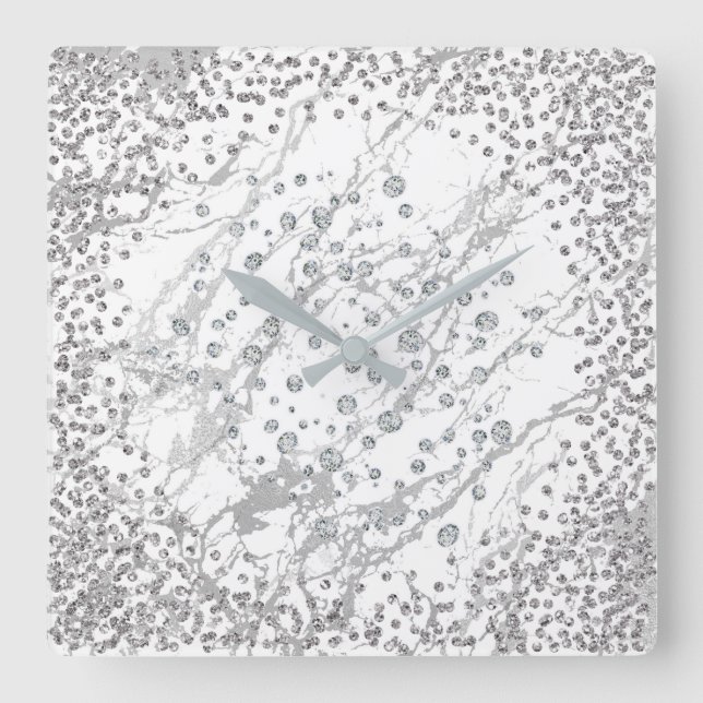Reloj Cuadrado Gris plateado Cristales De Diamante Marble White S (Anverso)