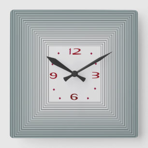 Reloj Cuadrado Gris rayado con números rojos >Reloj de pared