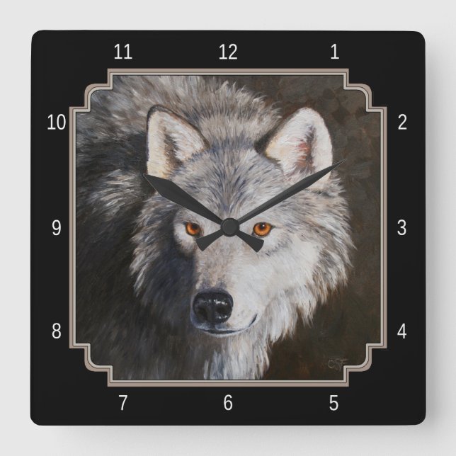 Reloj Cuadrado Gris Timber Wolf Face Square Wall Clock (Anverso)