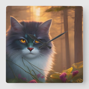 Reloj Cuadrado Gris y blanco esponjoso gato de bosque, fantasía