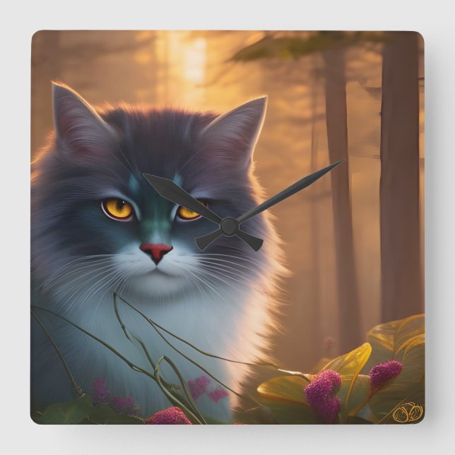 Reloj Cuadrado Gris y blanco esponjoso gato de bosque, fantasía (Anverso)