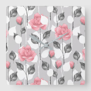 Reloj Cuadrado Gris y rosa. Estampado de flores