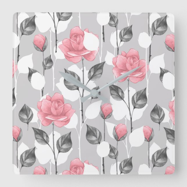 Reloj Cuadrado Gris y rosa. Estampado de flores (Anverso)