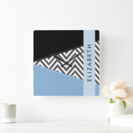Reloj Cuadrado Gris Zigzag, Gris Chevron, Azul, Tu Nombre