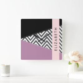 Reloj Cuadrado Gris Zigzag, Gris Chevron, Púrpura, Tu Nombre