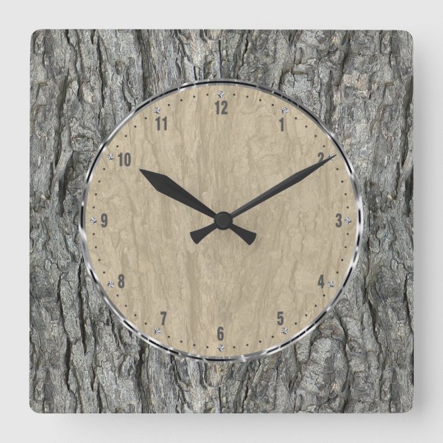 Reloj Cuadrado Grises Rustic Wood Bark (Anverso)