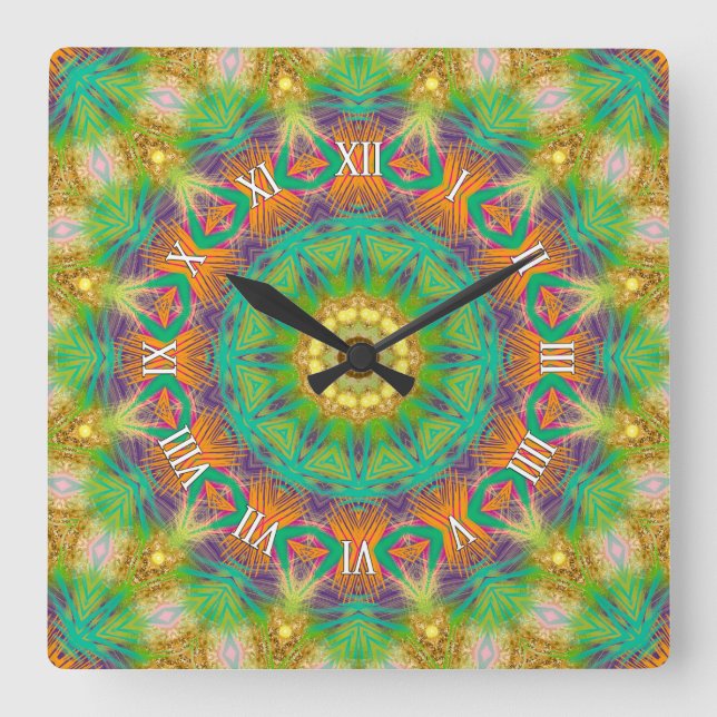 Reloj Cuadrado Groovic Tropic Tribal Green Purple Wall Clock (Anverso)