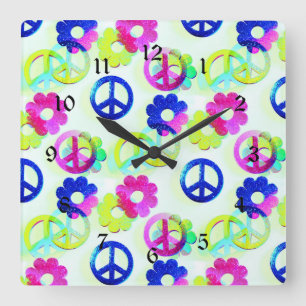 Reloj Cuadrado Groovy Hippie Peace anuncia flor de agua
