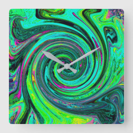 Reloj Cuadrado Groovy Resumen Retro Green y Magenta Swirl
