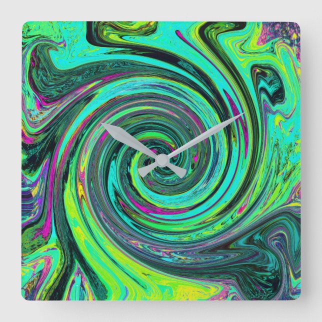 Reloj Cuadrado Groovy Resumen Retro Green y Magenta Swirl (Anverso)