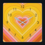 Reloj Cuadrado Groovy Retro Layered Heart<br><div class="desc">Diseño de ráfagas de corazón retro. Capas de corazón en naranja,  amarillo,  rosa. Regalos de corazón retro y groovy,  decoración casera.</div>