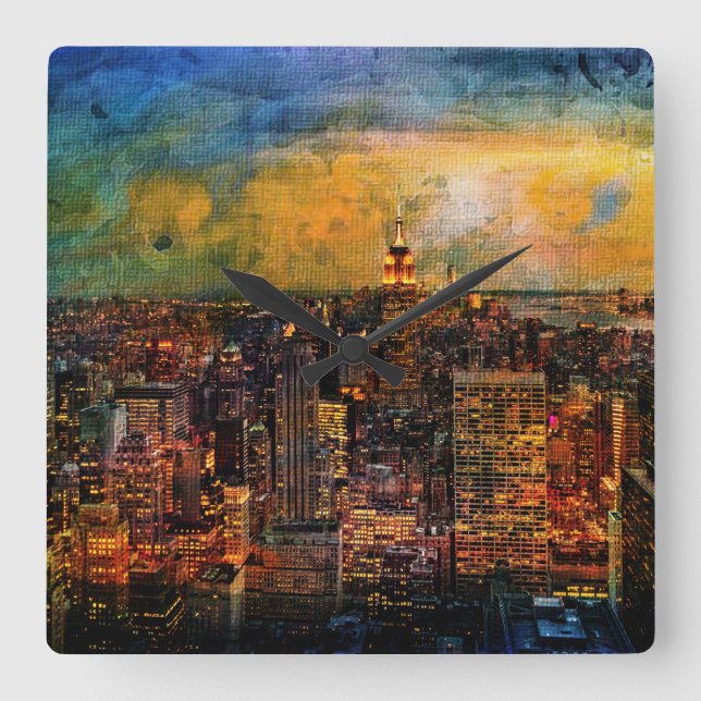 Reloj Cuadrado Grunge de color de NYC (Anverso)