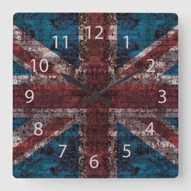 Reloj Cuadrado grunge Union Jack en ladrillo (Anverso)