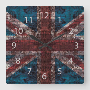 Reloj Cuadrado grunge Union Jack en ladrillo