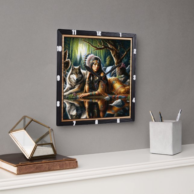 Reloj Cuadrado Guardián del lobo de la tierra nativo (Oficina)