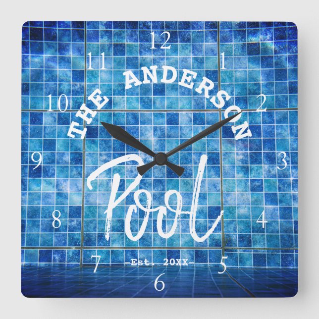 Reloj Cuadrado Guay Blue Tile Piscina Familia Nombre Personalizad (Anverso)