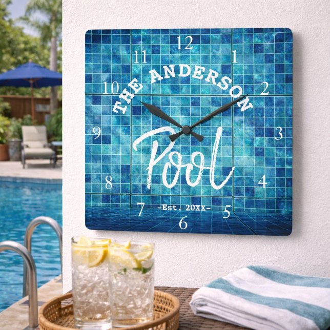 Reloj Cuadrado Guay Blue Tile Piscina Familia Nombre Personalizad (Subido por el creador)