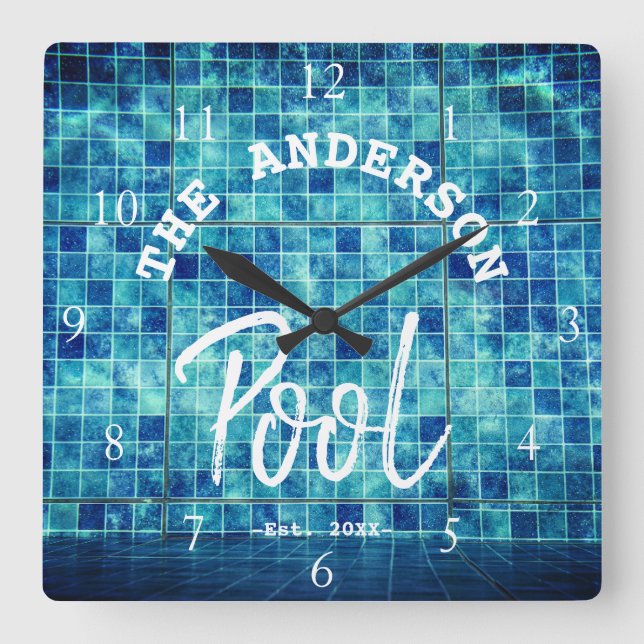 Reloj Cuadrado Guay Blue Tile Piscina Familia Nombre Personalizad (Anverso)