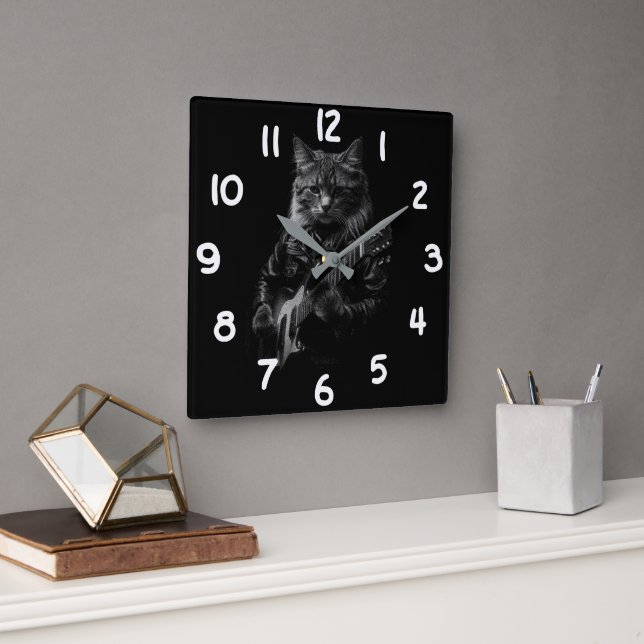 Reloj Cuadrado Guay Cat Jugando guitarra eléctrica (Oficina)