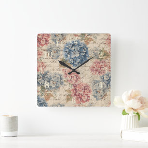 Reloj Cuadrado Guion de efímera hortensia azul y rosa antiguo 