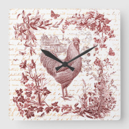 Reloj Cuadrado Guión floral anticuado de gallo rojo de gallo