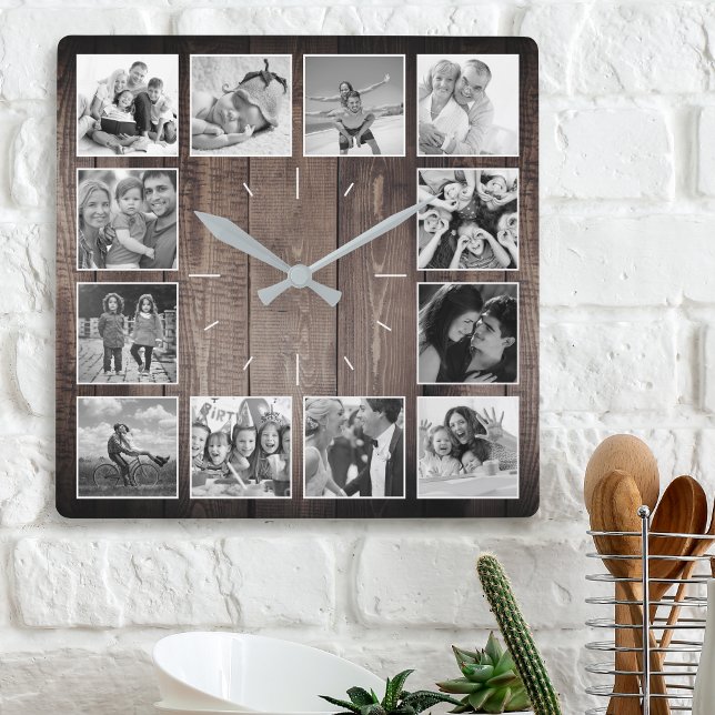 Reloj Cuadrado Guión rústico de Collage de fotos personalizado (Subido por el creador)