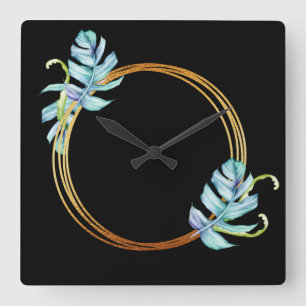 Reloj Cuadrado Guirnalda azul tropical de la hoja de Monstera del