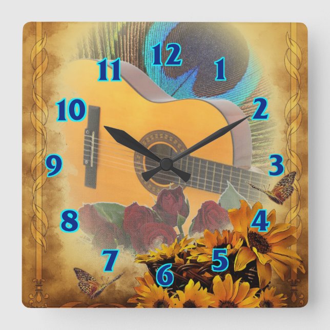 Reloj Cuadrado Guitar Floral (Anverso)